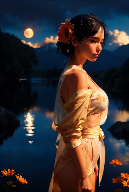 03885-2017290489-1girl, breasts, moon, lantern, (night), (nighttime), solo, normal breasts, hair ornament, wet, kimono, japanese clothes, wading,.png